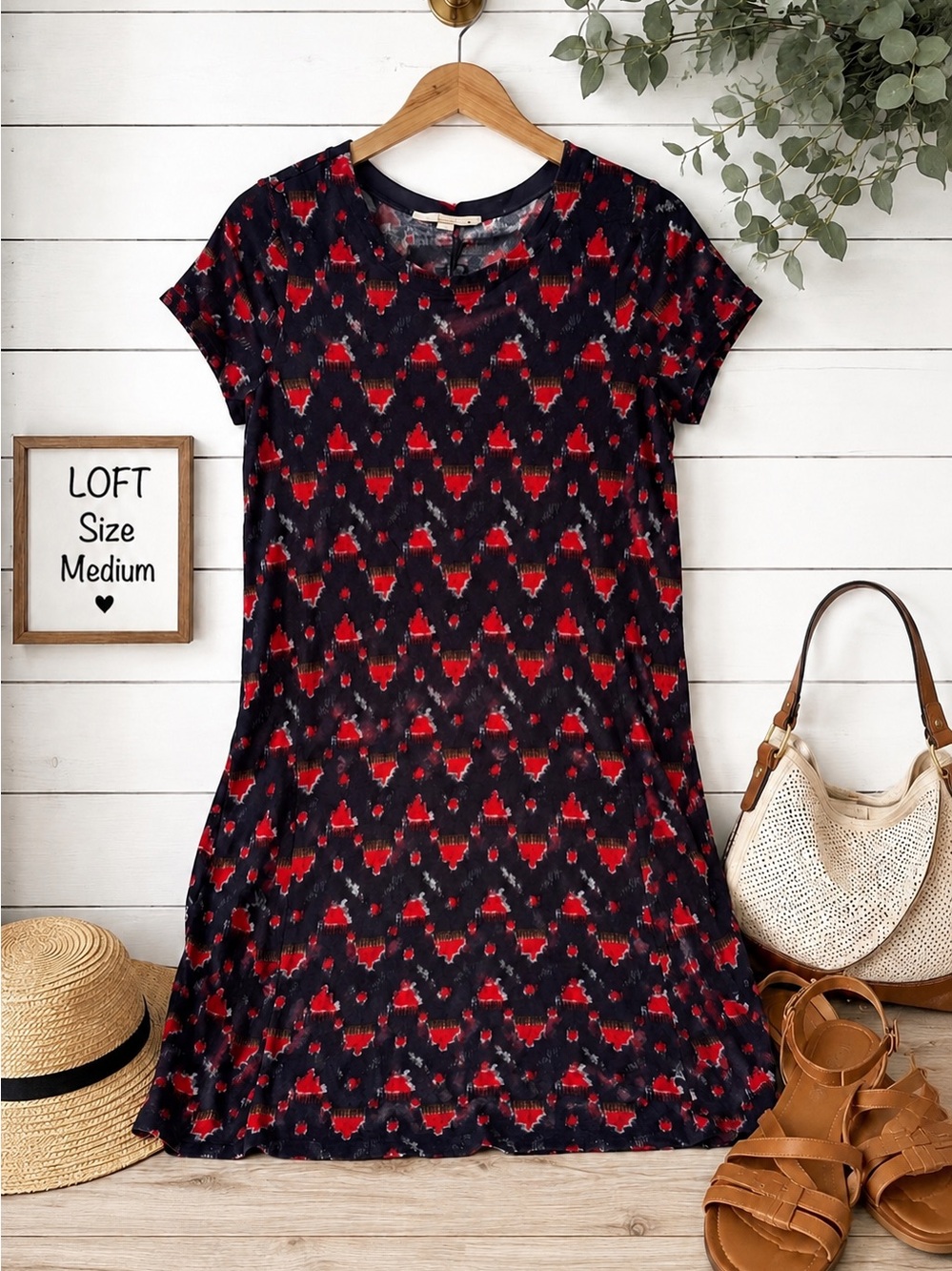 💙♥️ LOFT Navy & Red Geometric Print Shift Dress | Size M